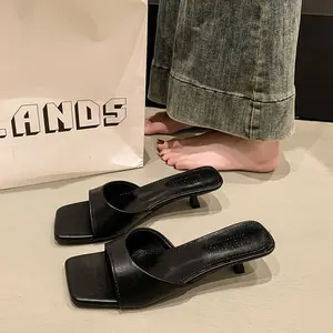 QuiteS 2026 New Summer Flip-Flops Slip-On Open Toe Casual Party Black Stiletto Sandals Med Heel Luxury Shoes for Women