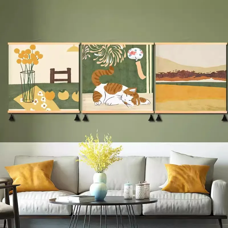 Green Yellow Gallery Wall Art Set Canvas Print Sleeping Cat Floral Vase Nature Landscape Minimalist Whimsical Home Decor