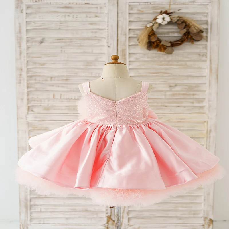 Spaghetti Strap Pink Crystal Satin Tulle Wedding Flower Girl Dress Kids ...