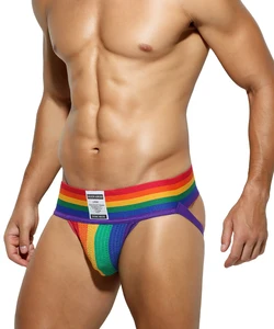 AK OEM Great Striped Mens Sexy Open Back Underwear Nylon Spandex Thong Custom Men Jockstrap Thong Rainbow Underwear for Men