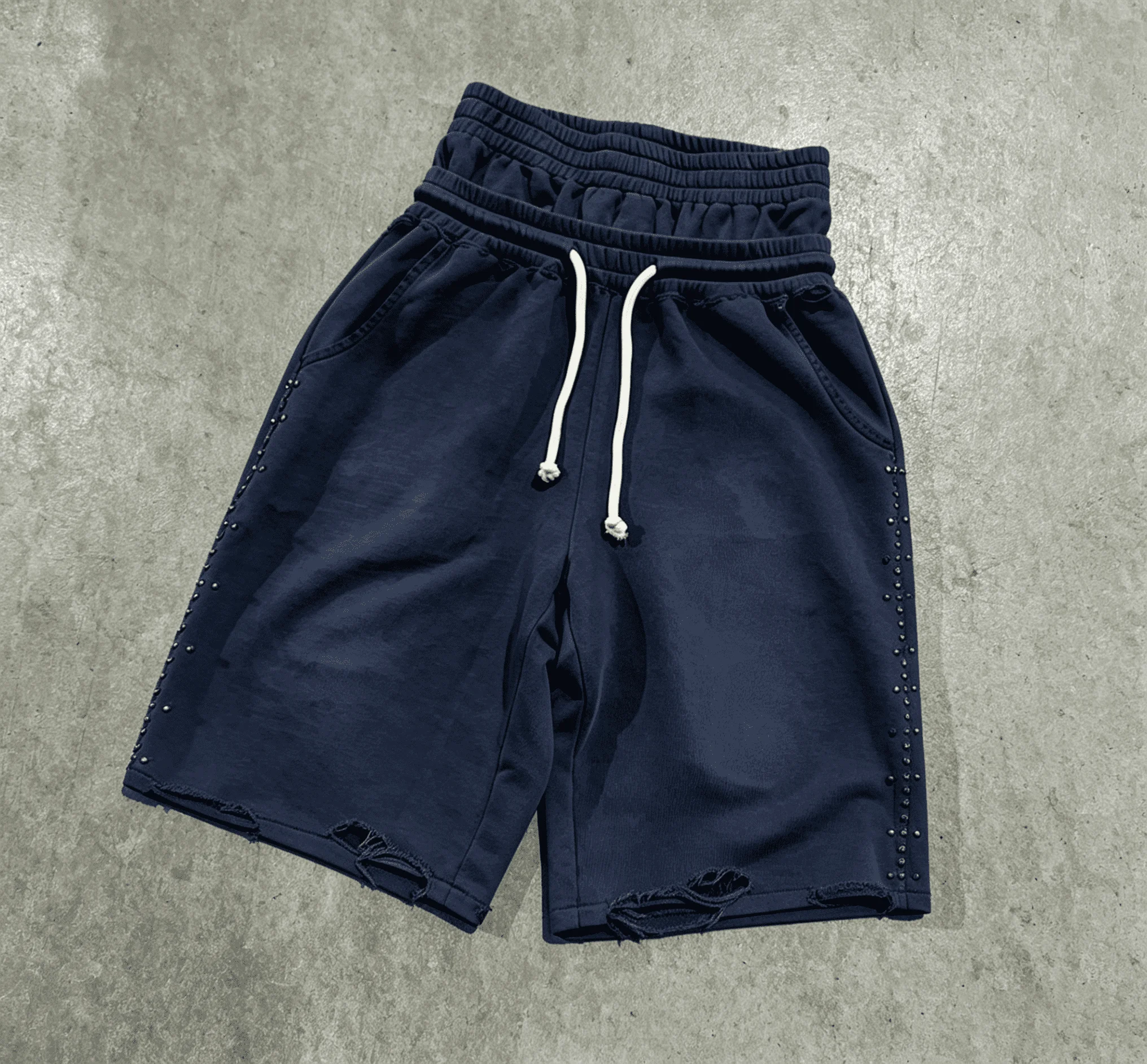 Custom Logo Men Baggy Double Elastic Waist Frayed Hem Hip Hop Streetwear Custom Hot Pink Washed Distressed Rivet Decor Shorts gallery 8