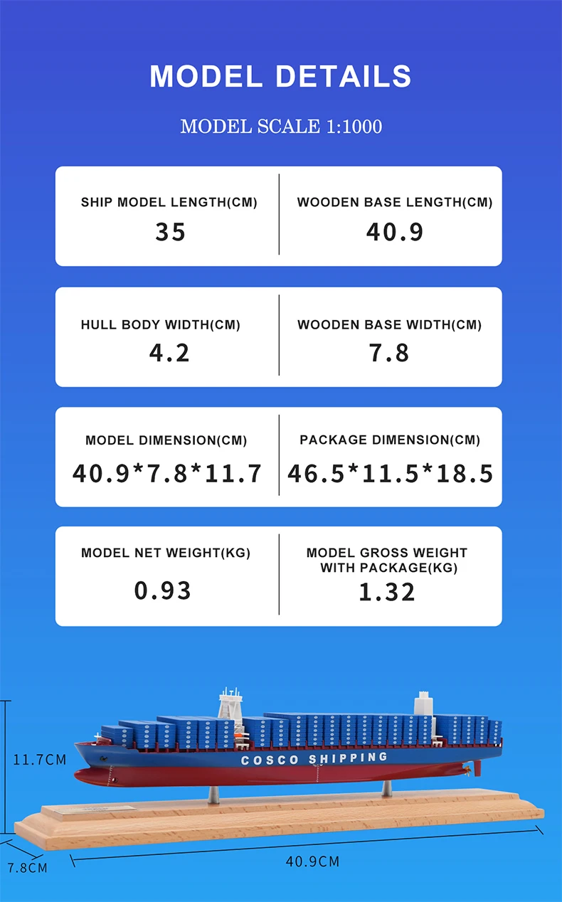 Container ship model and COSCO model, custom made with realistic simulation details. High‑quality ABS material ensures durability and precise craftsmanship. Perfect as a business gift, promotional item, or office decoration. Custom logos, colors, and sizes available to meet your branding needs. Ideal for logistics companies, shipping agencies, and maritime enthusiasts seeking premium model solutions.Amber@vesselmodel.com Tel: +86 18038048785