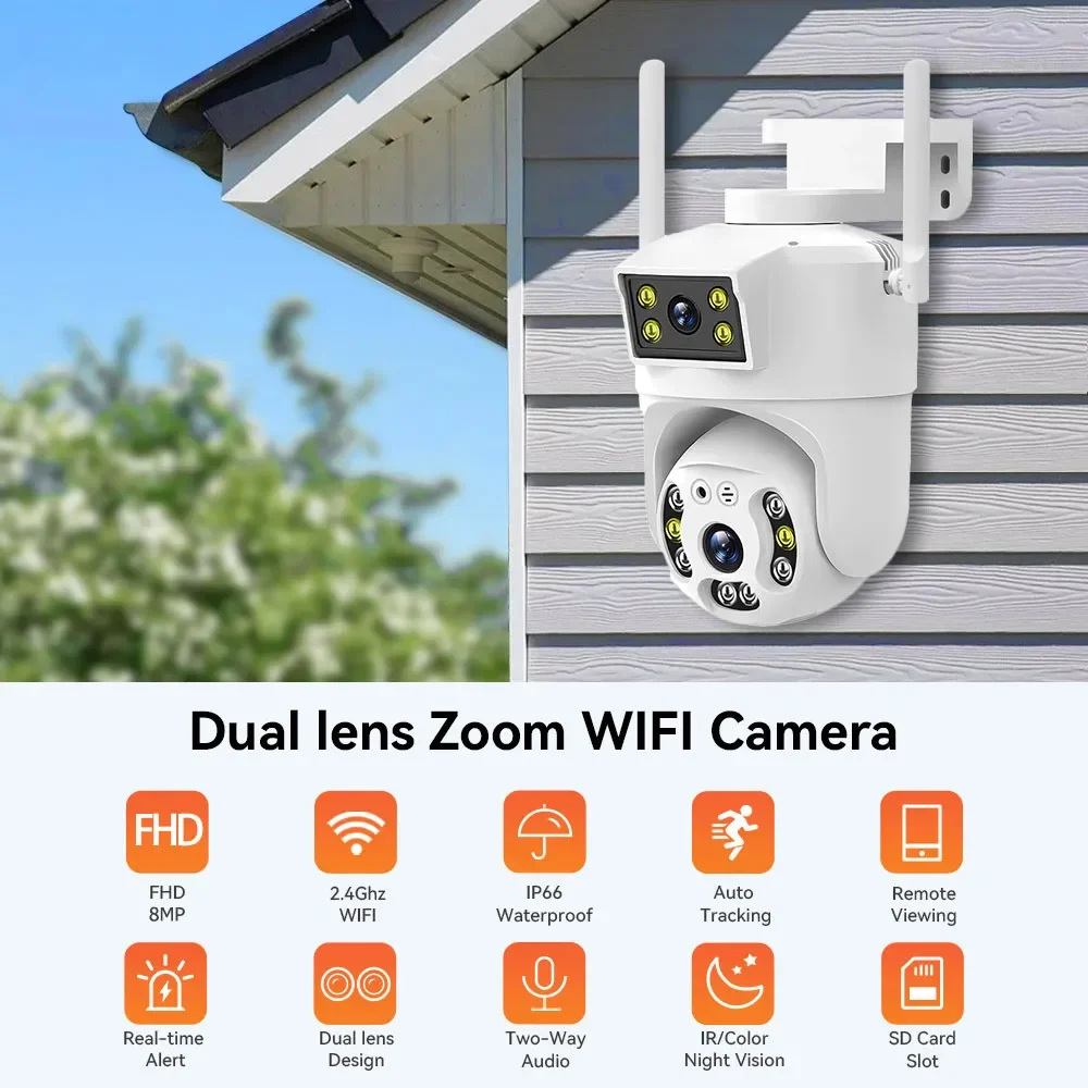4MP Dual Lens 4G SIM Camera Outdoor PTZ Dual Screen Auto Tracking Security CCTV Video Surveillance V380 Home Smart Wireless Cam