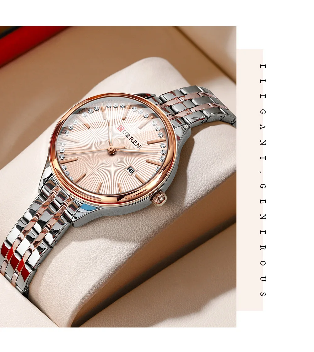 CURREN 9099 Japan Quartz Diamond Watch Fashion Date Calendar Casual Daily Waterproof Stainless Steel Strap Business Lady Watches