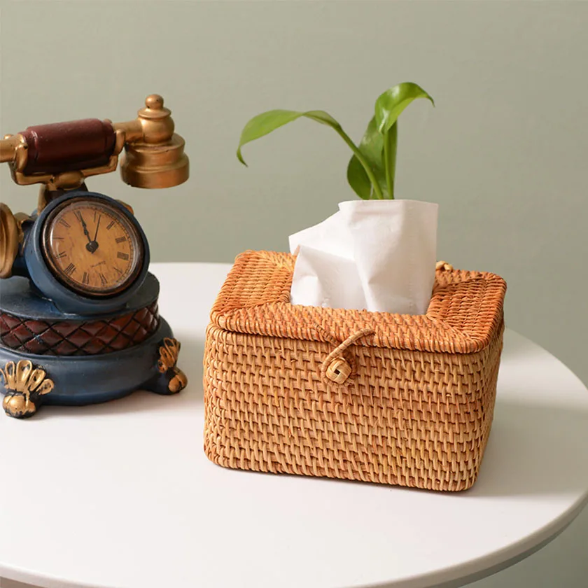 YOKOMI 4 Gallon Wicker Trash Can With Lid & Tissue Box Cover - Boho Rattan Bathroom Bedroom Decor