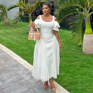 HK7601 Best-Selling Summer Dresses Women Casual Elegant U-Neck Ruffle Sleeve A-Line Long Dresses Women Maxi Dress for Ladies