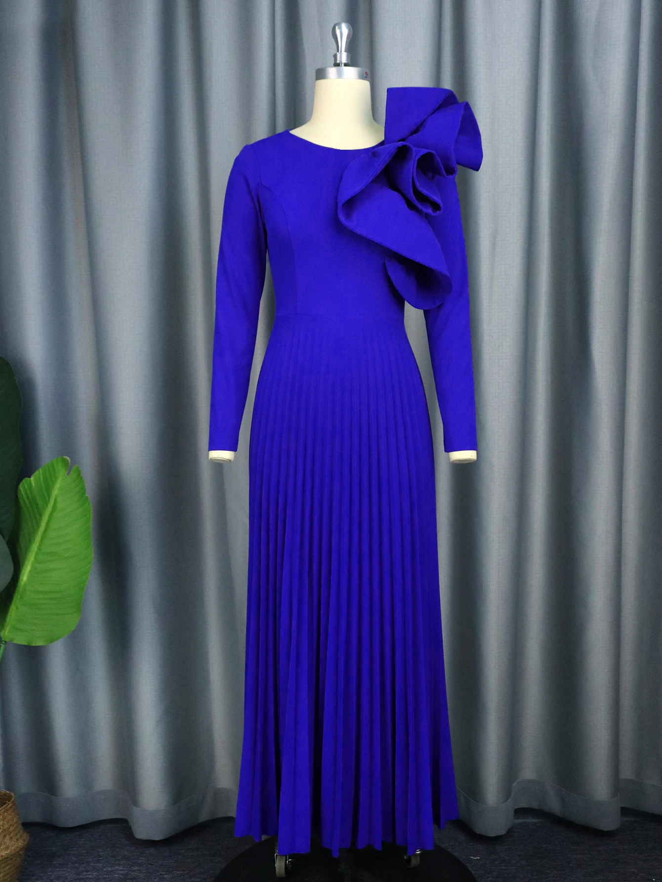 High Waist Maxi Pleat Church Dresses Ruffle Hot Pink Ladies Evening Dress
