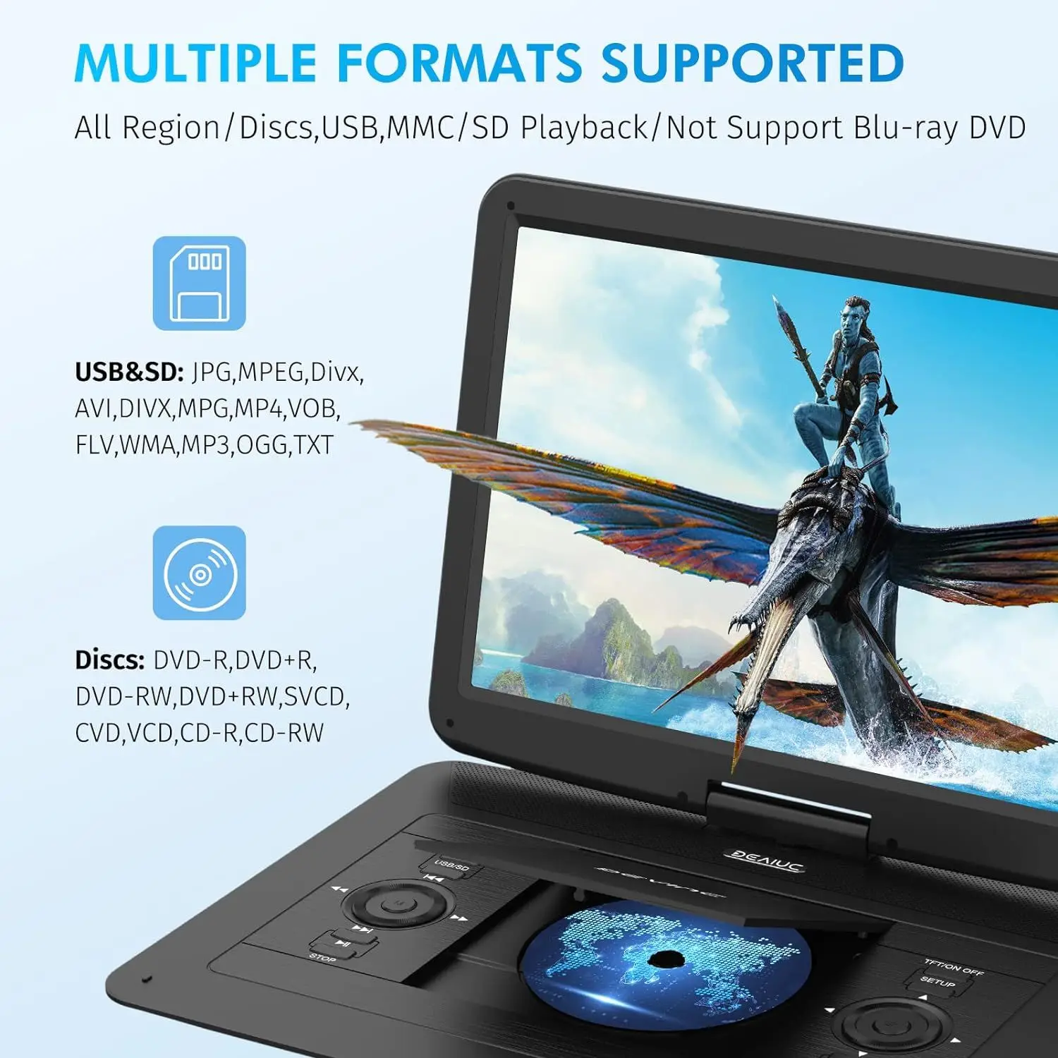 DB 17.9 Inch Portable DVD Player 15.6 Inch HD Swivel Screen Supports Multiple DVD CD Formats SD Card Sync TV 6 Hours Battery