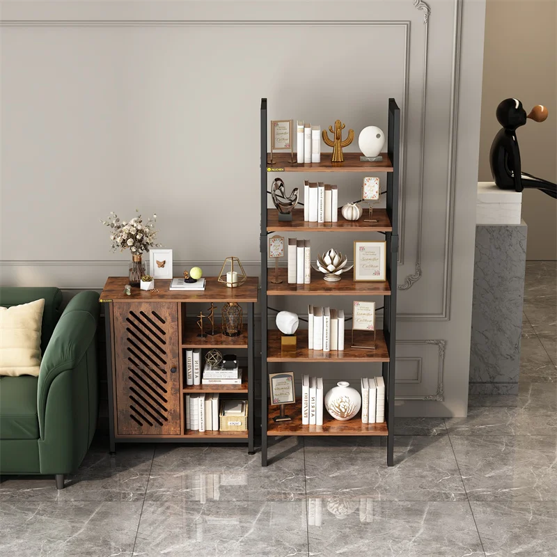 YQ Forever Furniture Modern Design Wood and Black Metal Living Room Decorative Storage Rack Bookcase Bookshelves Cabinet