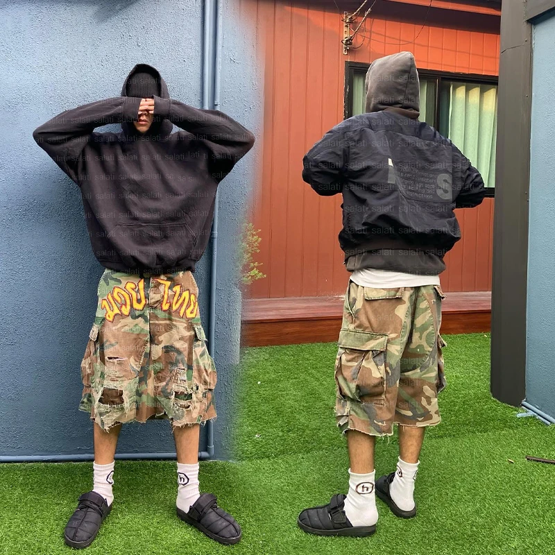 Shorts Manufacturer Bermuda Streetwear Custom Print Heavyweight Baggy Oversized Distressed Camouflage Camo Cargo Shorts for Men gallery 3