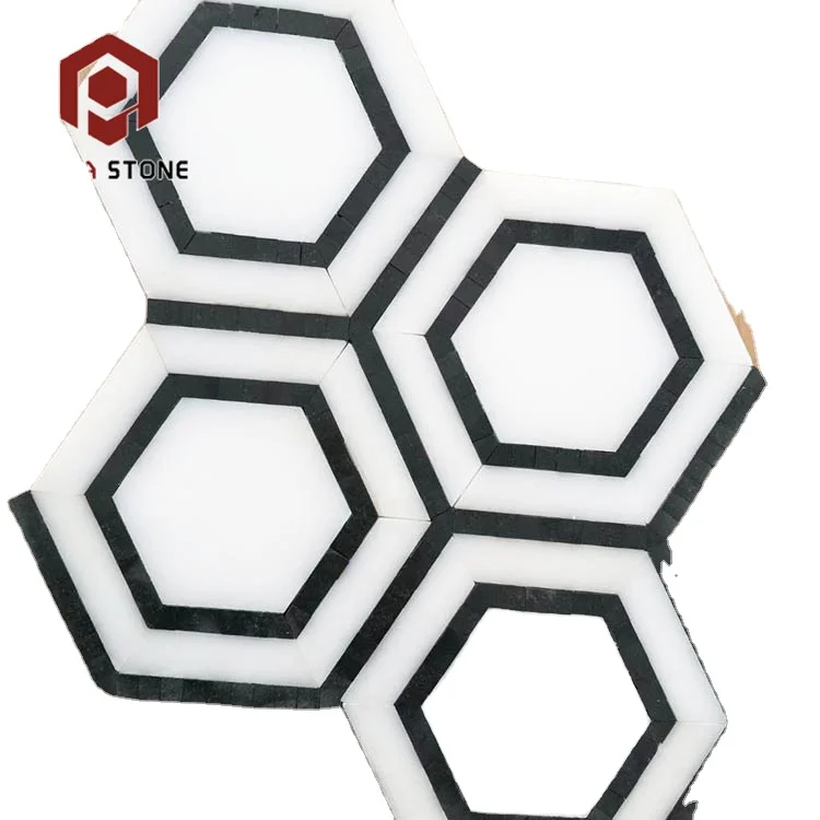 ดีไซน์ตกแต่ง กระเบื้องโมเสกหินอ่อนสีขาวคาร์ราร่ารูปหกเหลี่ยมแบบเจ็ทฉีดน้ำราคาประหยัด กระเบื้องโมเสกหินอ่อนสำหรับวิลล่า