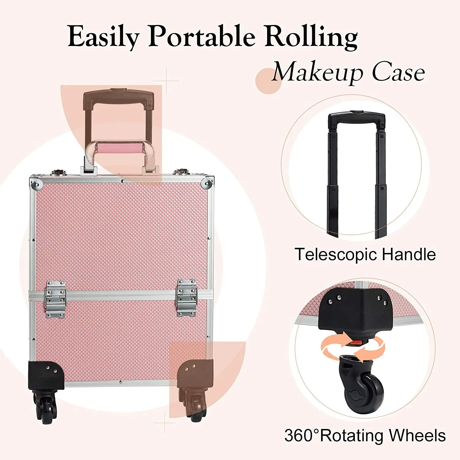 Rolling Makeup Case with Wheels Professional Cosmetology Large Train Case Wheeled Cosmetic Trunk with 8 Divided Trays for Makeup