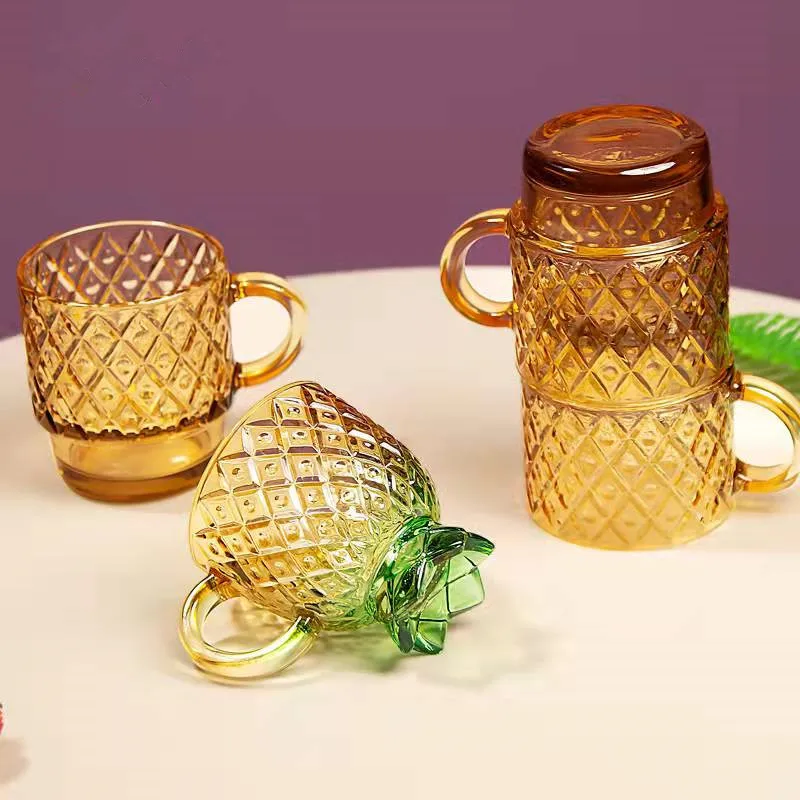 Home glass coffee cup set creative pineapple overlay Cup four piece set opening event exchange gift cup details