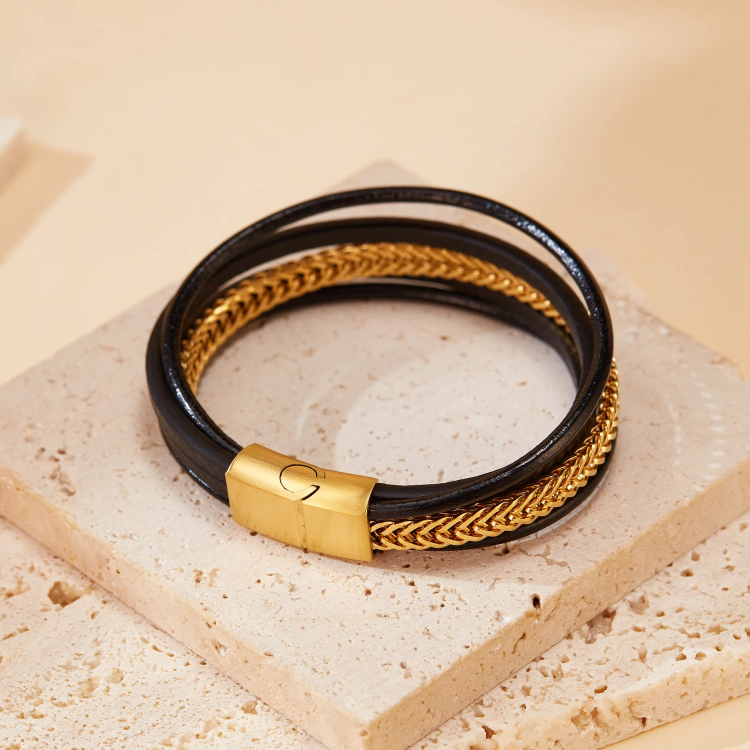 Fashion Black Braided Leather Bracelet Stainless Steel Bangle Multi-Layer  Weave Gold Plated Men's Viking Leather Bracelet PH1563
