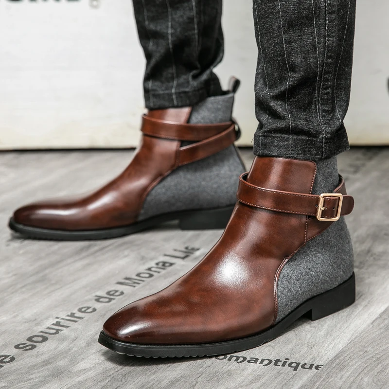 mens dress boots pointed toe Men formal leather chelsea ARBA Global ankle silhouette Men's Dress Boots With Brown