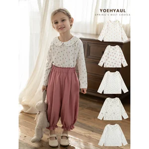 YOEHYAUL 2026 Spring Girls Floral Lapel Bottoming Shirt Children Girl's Cute Lightweight Comfortable and Breathable T-Shirt