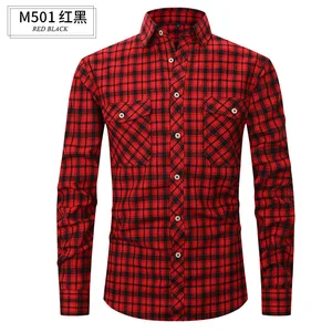 Men's Slim-Fit Flannel Plaid Shirt for Spring/Summer Twill Fabric Double Pocket Long-Sleeved Casual Anti-Wrinkle