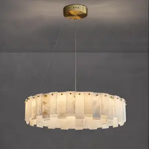 Nordic Modern Minimalist Brass Marble Pendant Lamp Round Circle Alabaster Chandelier Lighting for Hotel