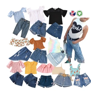 Wholesale Summer 2 Pieces Crop Tops Denim Skirt Outfit Girls Clothing Sets