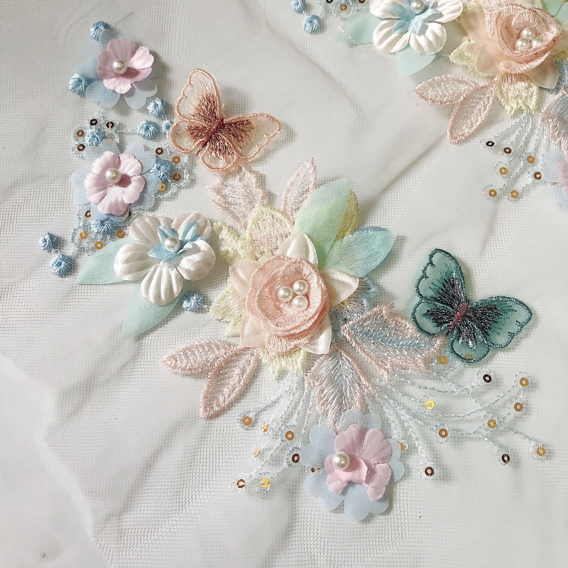 Kids Dress Decorative Hand Work 3d Flower Applique Lace butterfly LT2256A