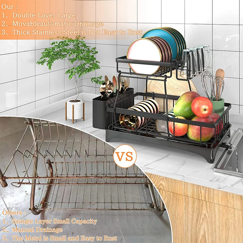 Detachable Multifunction Countertop Kitchen Dish Rack Drainer 2 Tier ...