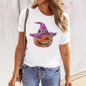 Women's Eco-friendly Trendy Round-Neck Sequined Pullover Top Summer Casual Halloween Pumpkin Patchwork Print Loose Fit