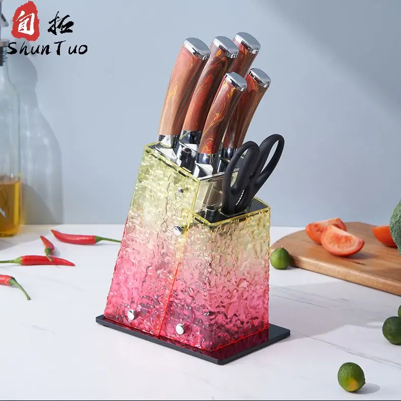 High Quality Transparent Color 3cr13 Kitchen High Carbon Stainless Steel Meat Kebab Messer Chef Cutter Knife Set with Holder