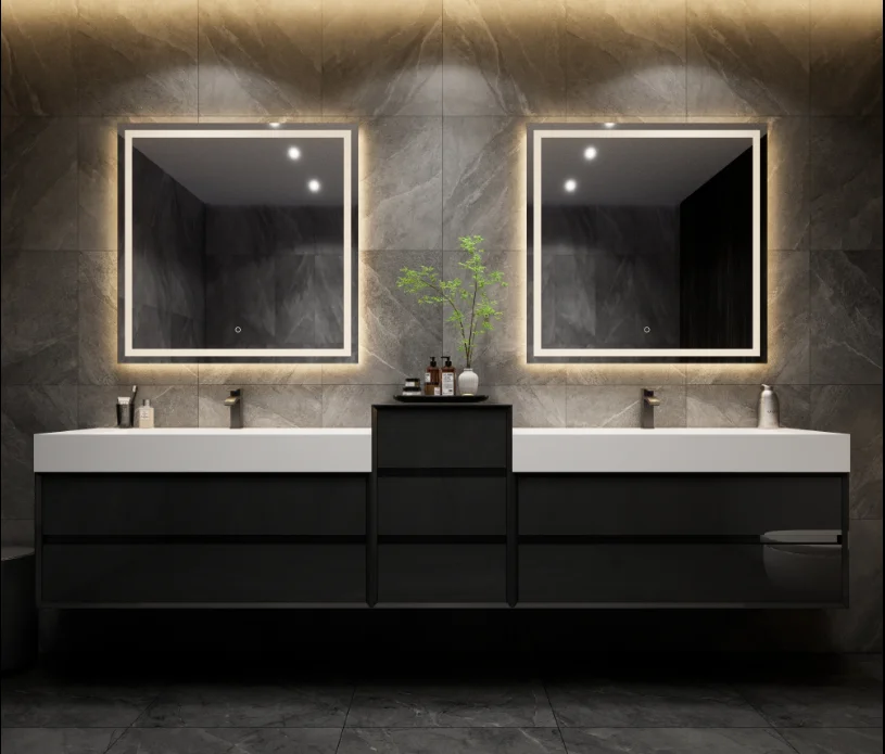 Modern floating double sink bathroom vanity cabinet set