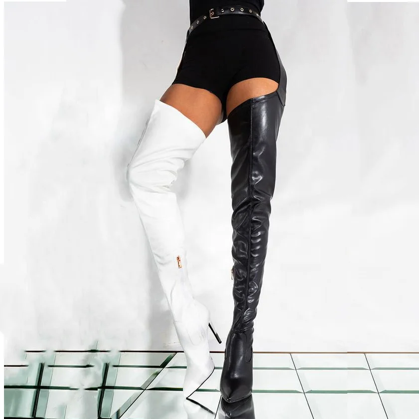 Big Size 45 Leather Zipper Women Thigh High Boots Sexy Pointed Toe Stilettos Black And White Over The Knee Boots For Ladies - Buy Fashion Two -tone Side Zip Thigh High