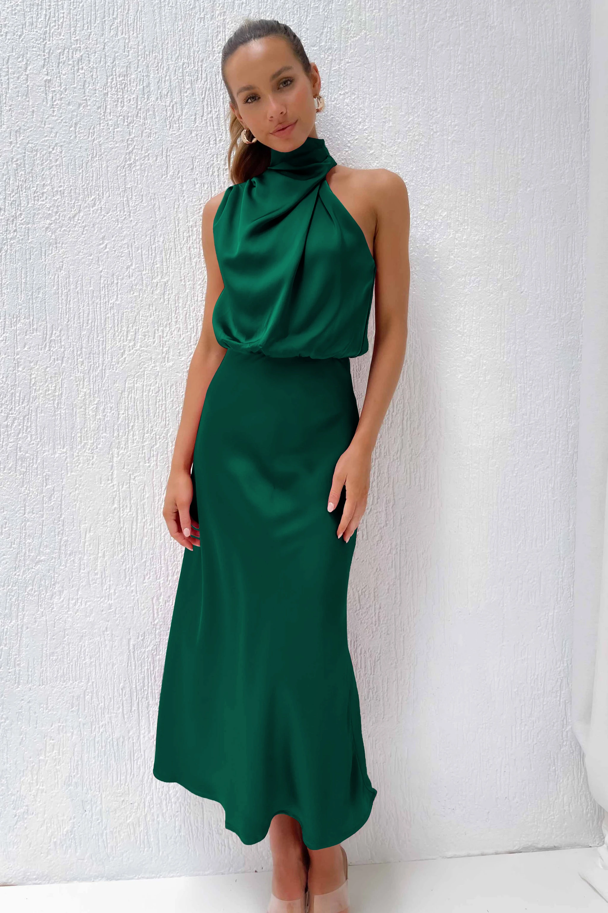 Sleeveless Mock Neck Cocktail Party Long Dresses Evening Gown Satin ...