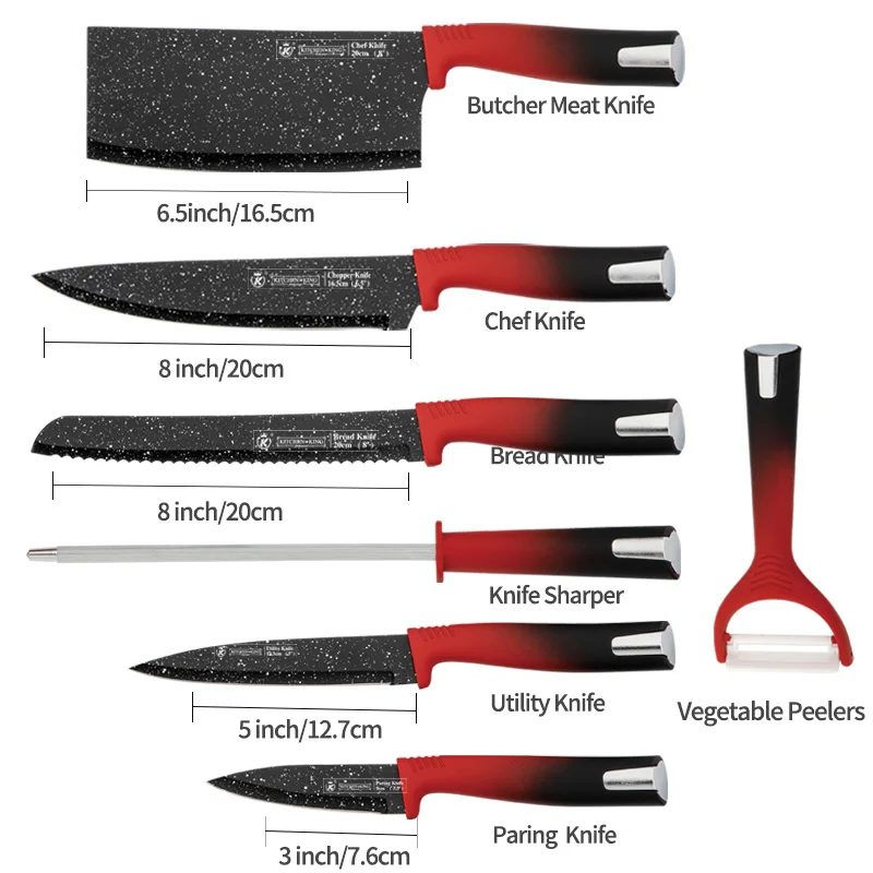 Kitchen King Ready For Ship red handle kitchen knife 8 pieces non stick cooking  set red color knife set with scissors