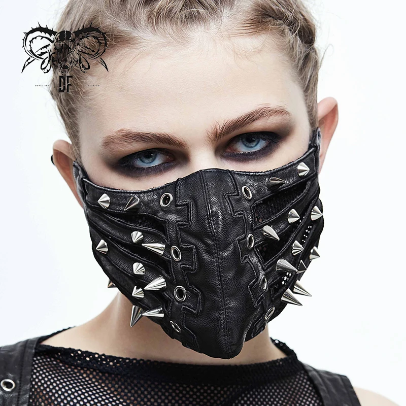 Devil Fashion MK1501 Steampunk Mask Spikes Mouthguard Black Faux Leather Burning 
