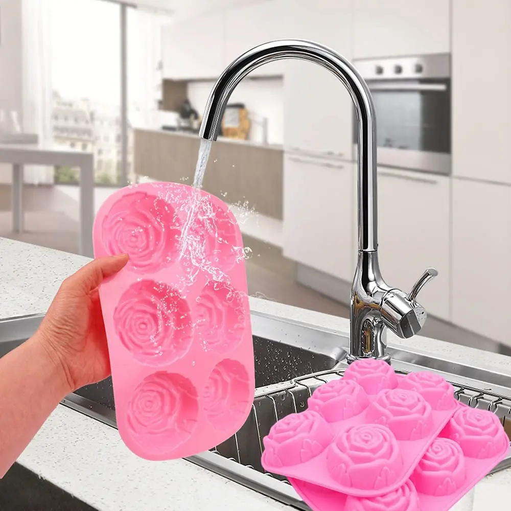 Lot de 2 moules en silicone en forme de fleur, 6 cavités pour savon, bombes de bain, gâteaux, pain, pudding et chocolat