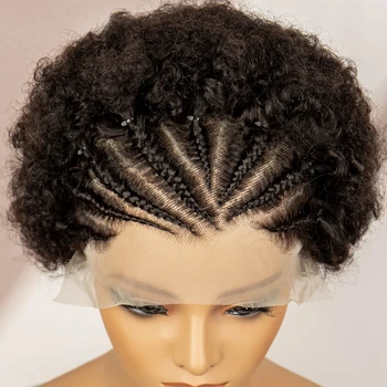 13x4 HD Transparent Lace Human Hair Wigs with Braids 10 inch 250% Density Short Bouncy Curly Afro Kinky Curly Bob Wig