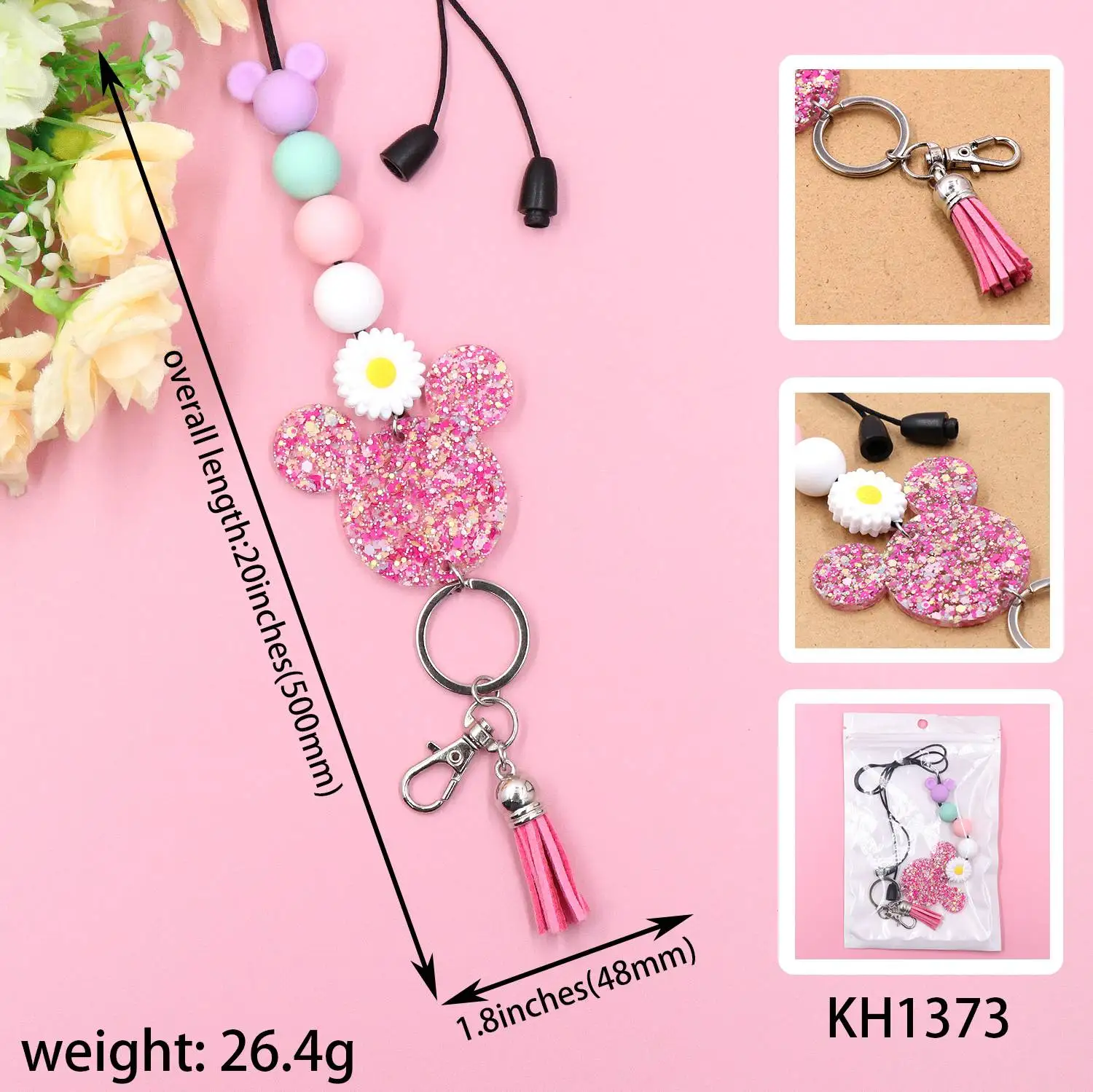 YYXKH1373 Cute Pink Laser Cutting Acrylic Lanyard with Silicone Mouse Bead Stainless Steel UV Printed Certificate for Key Use factory