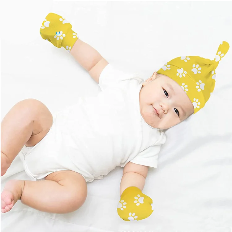 RubySub Personalized Newborn Bundle Infant Hat and Mitten Knit Sets Sublimation Baby Top Knot Hat