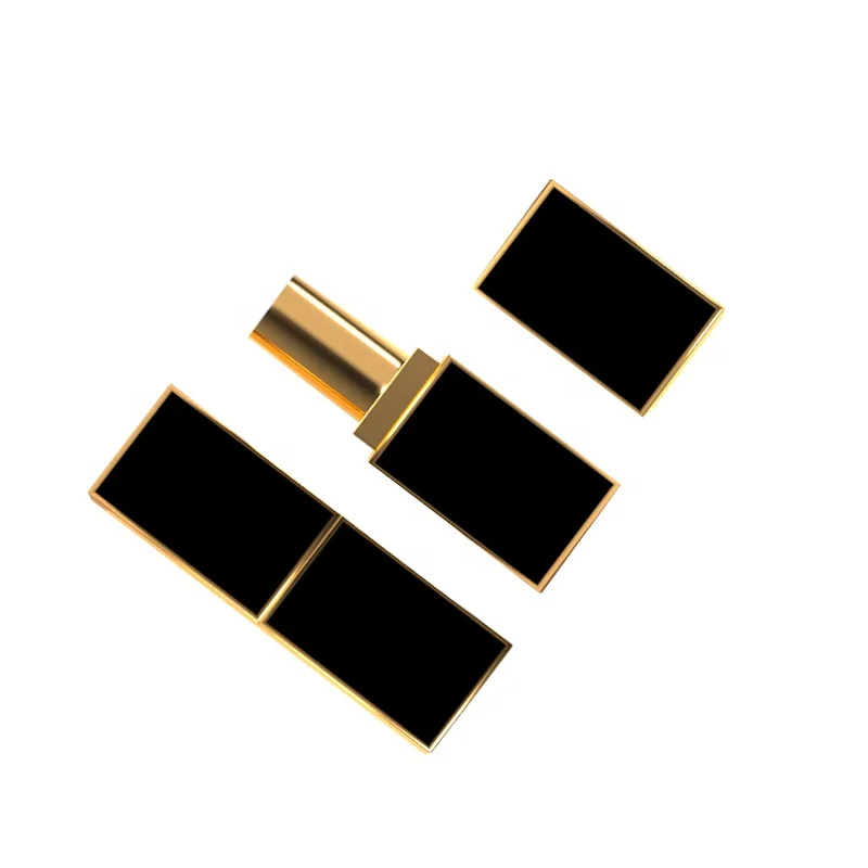 Private Label Luxury Cosmetics Packaging Click Closure Lipstick Tubes Square Black and Gold Gold Lip Balm Tube