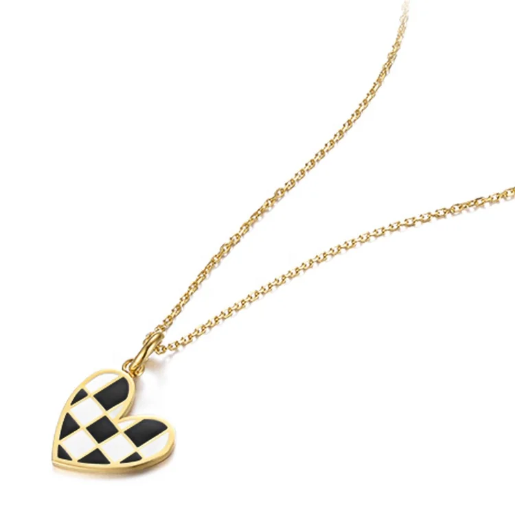 18K Gold Plated Stainless Steel Jewelry Black and White Epoxy Heart Pendant Accessories Necklaces P213278