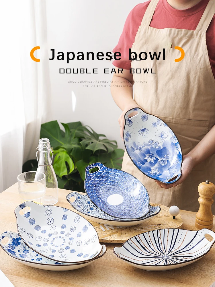 plato de desayuno vajilla para microondas-A plato para el hogar plato de pescado al vapor plato de cerámica PORCN Plato largo de doble oreja con vidriado japonés 