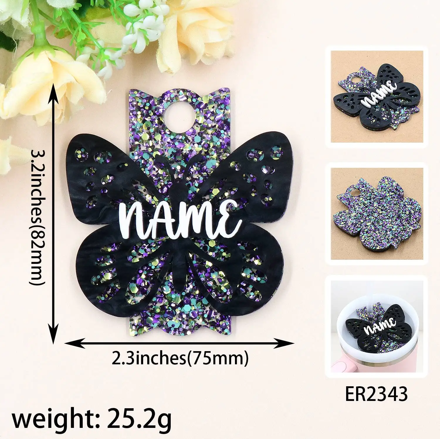 YYXCH1543 High Quality Acrylic Laser Cut Tumbling Cup Black Marble Butterfly Nameplate Plate for Christmas Tree Ornaments supplier