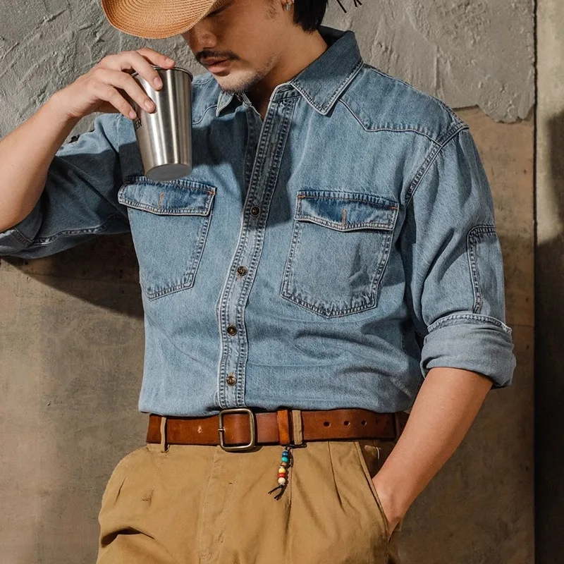 American Retro Western Cowboy Shirt Men Amekaji Long Sleeve Casual Denim Workwear Washed Tough Guy Jacket