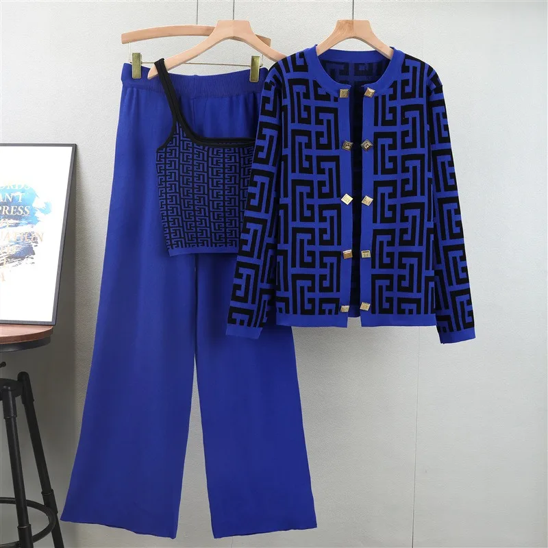 B4903  Autumn Basics 3-Piece Set Resort Wear Women Formal Top Knitted Cooperate Wears for Ladies Elegant