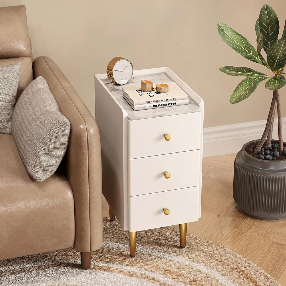 Modern Minimalist 3-Drawer Narrow Nightstand Small White Gold Bedside Table for Small Spaces for Bedroom Furniture factory