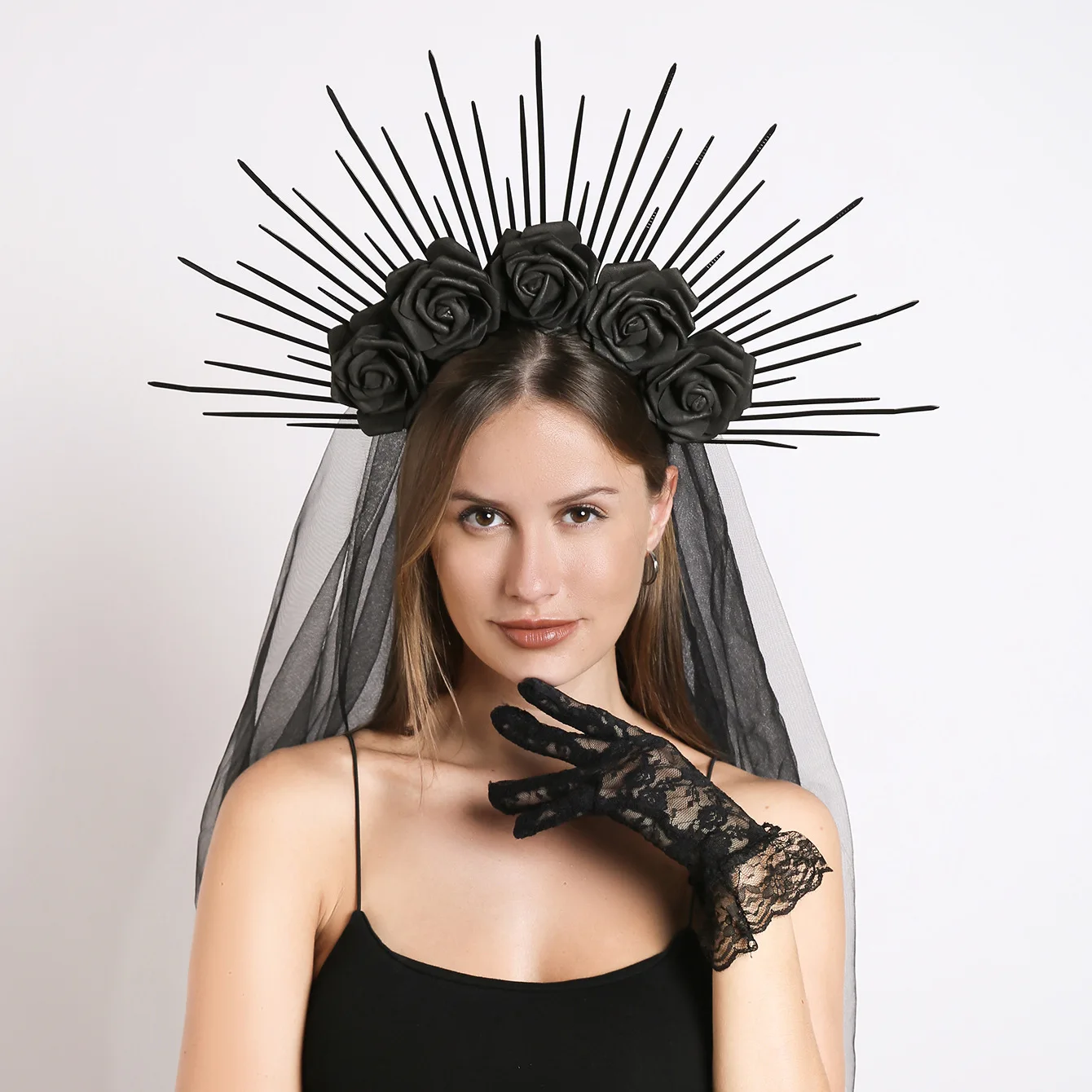 Black Roses Halo Crown Headpiece with Crystal Gems For Women Halloween Cosplay Black Roses Halo Crown, Gothic Headpiece, Victorian Black  main image 2