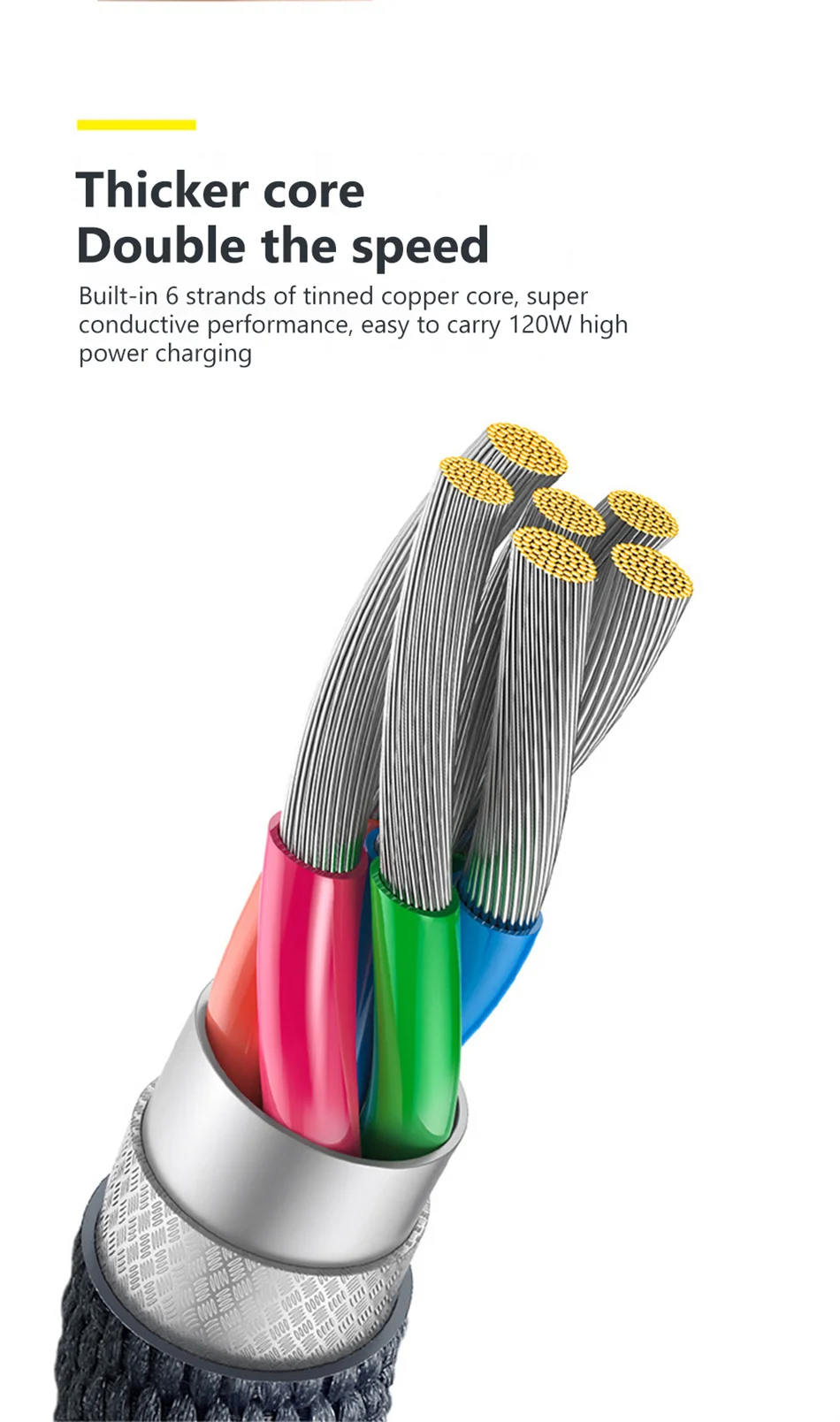 120W USB Type C Charging Cable 6A PD Fast Charge Braided Data Cord for Mobile Phones