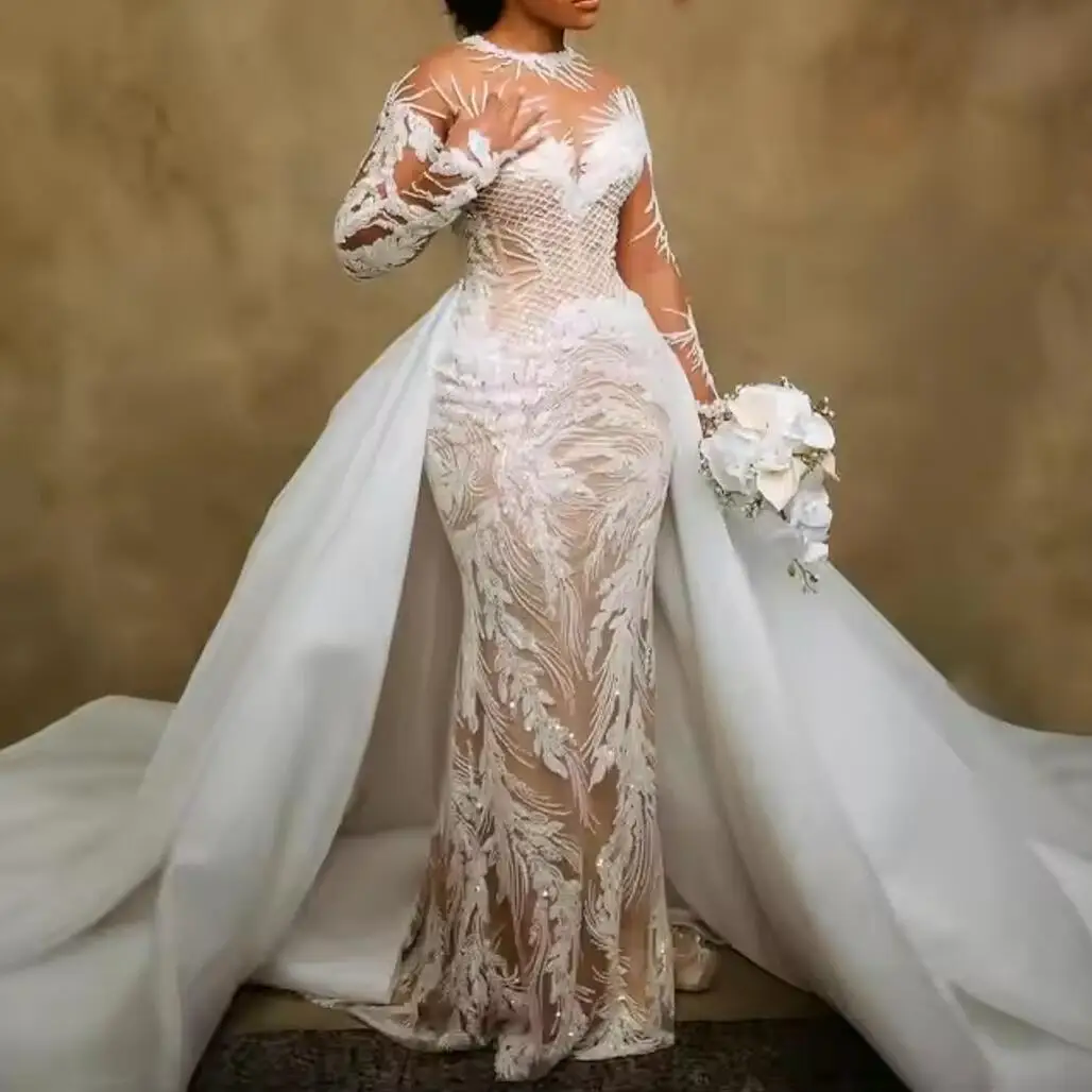 knee length dresses for ladies Long Sleeve Sparkly Mermaid Wedding Dress with Detachable Train White / 30W main image 1