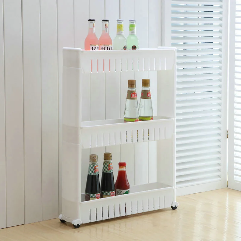 Slide Out Cart 3 Layer Slim Trolly Kitchen Storage Racks Kitchen Rack Plastic Rack with Wheels