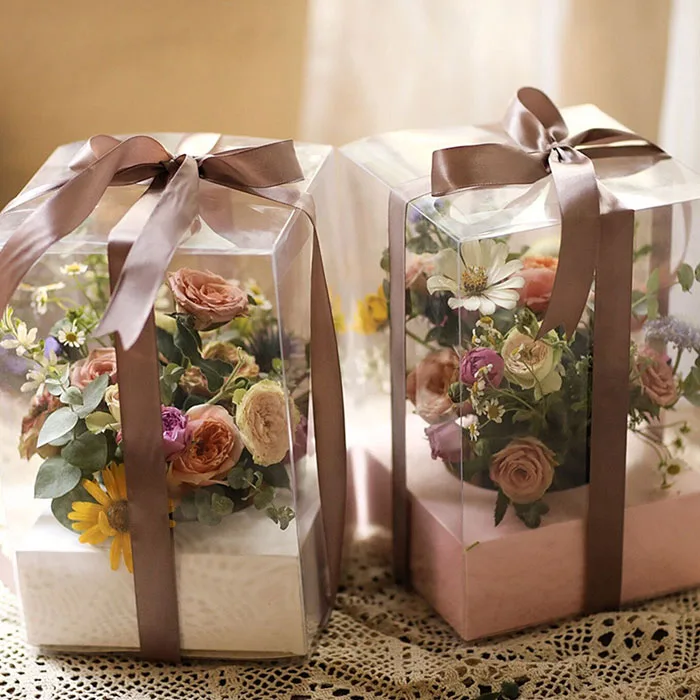 定制玫瑰花卉包装纸盒带透明风绒礼盒圆形花盒 