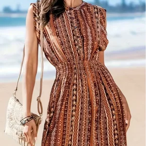 Casual A-Line Mini Dress Natural Print Breathable Polyester Woven National Style for Holidays Above Knee Length