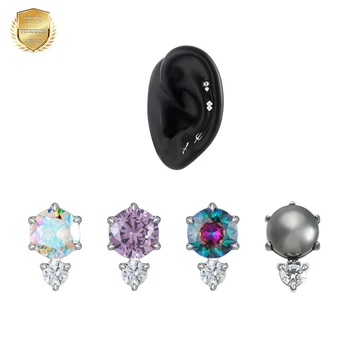 Giometal ASTM F136 Titanium Threadless/Threaded Double Round CZ End Daith Helix Ear Labret Tragus Piercing Earrings Body Jewelry